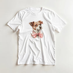 White women's graphic tee with a cute dog illustration and pink bow tie.