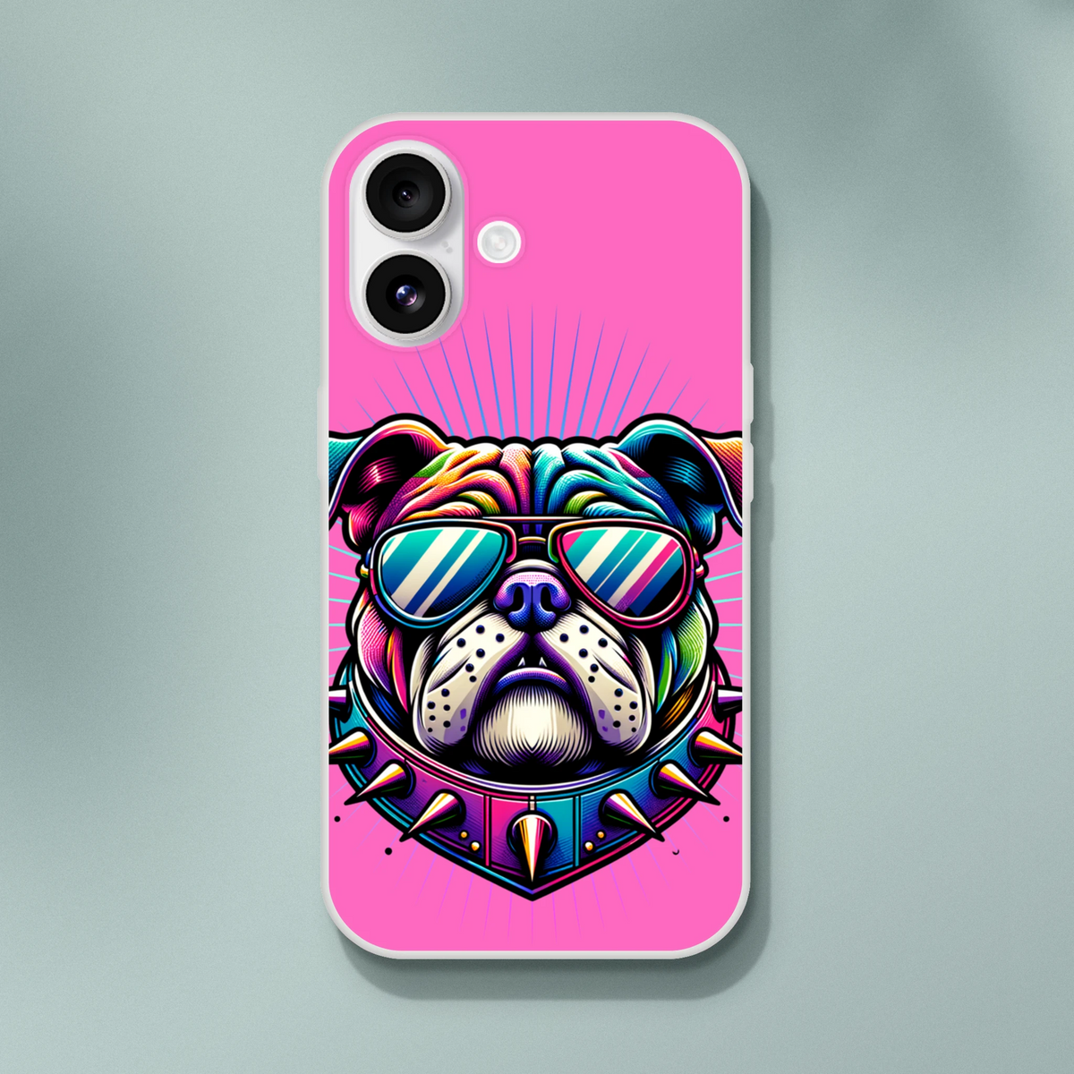 Y2K Bulldog iPhone case on pink background with bold rainbow dog graphic wearing sunglasses.