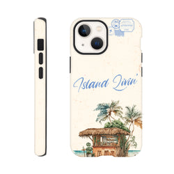 Tough iPhone case featuring a watercolor island beach bar scene with palm trees and "Island Livin" script text.