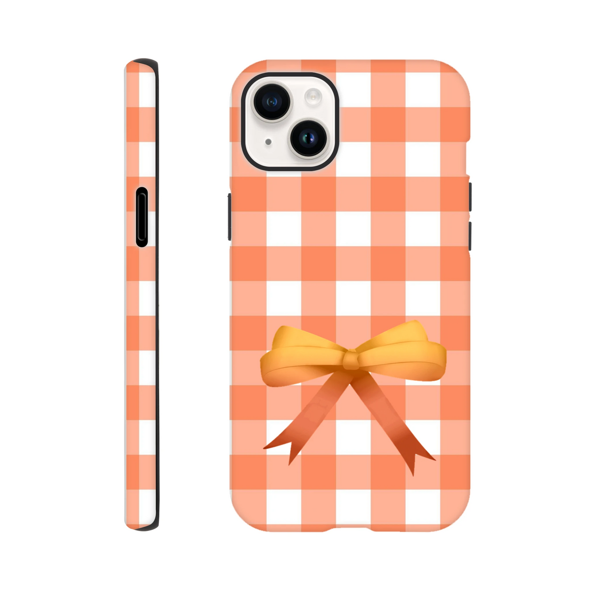 Orange gingham iPhone case with a 3D coquette bow. Tough, impact-resistant phone cover featuring a bold check pattern for daily protection.