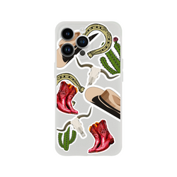 Western iPhone case design featuring sticker art of red cowboy boots, green cacti, horseshoes, and cowboy hats.