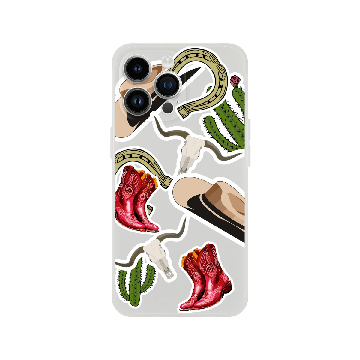 Western iPhone case design featuring sticker art of red cowboy boots, green cacti, horseshoes, and cowboy hats.