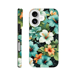 Tropical floral Hibiscus tough iPhone case featuring teal, white, and orange flowers with shock-absorbing protection for models 13-16.