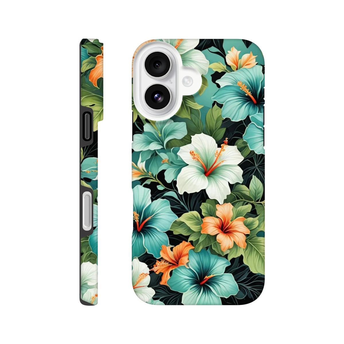 Tropical floral Hibiscus tough iPhone case featuring teal, white, and orange flowers with shock-absorbing protection for models 13-16.