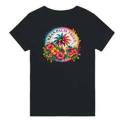 Black tee back featuring retro tropical print with palm tree, colorful hibiscus flowers, and paint splatter design.