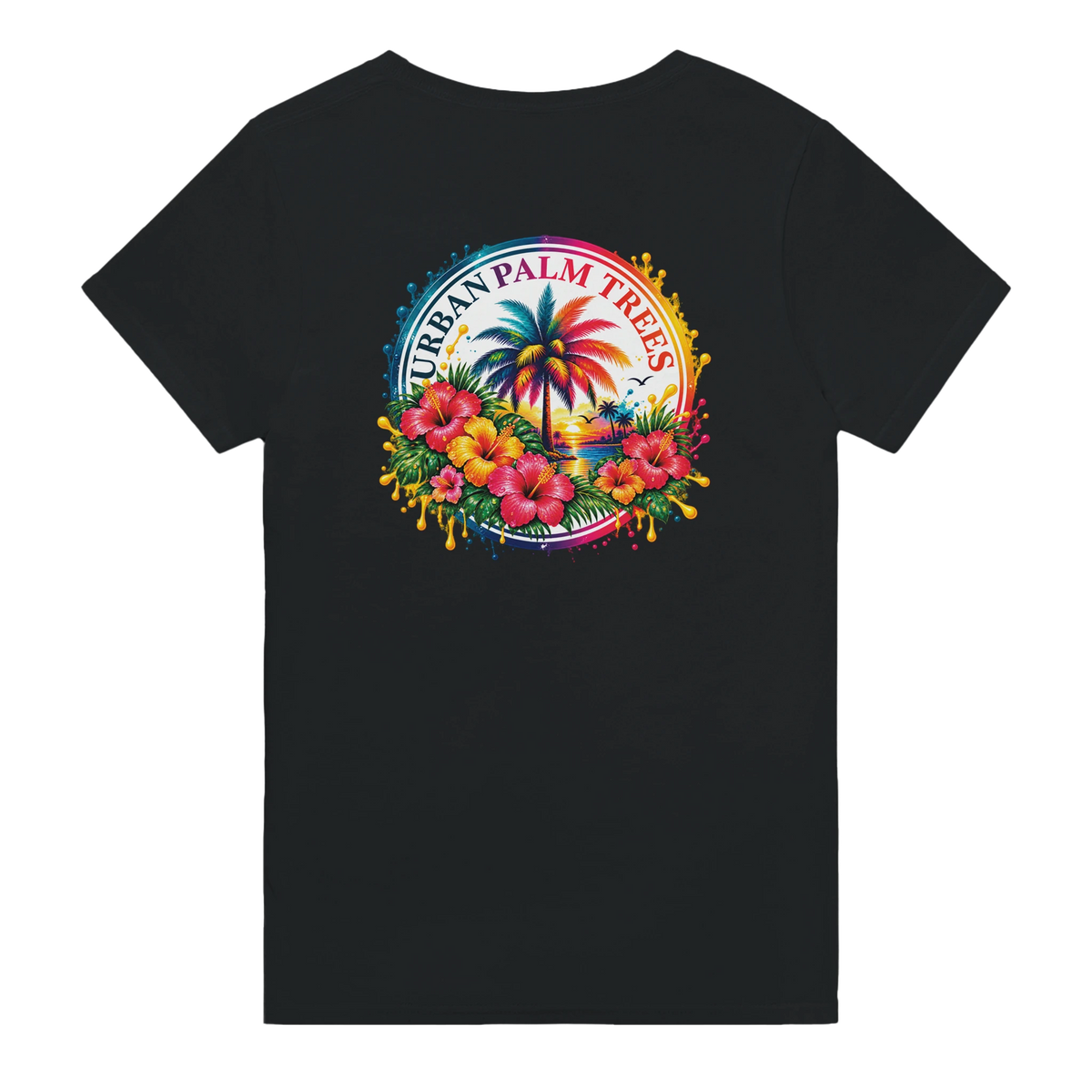 Black tee back featuring retro tropical print with palm tree, colorful hibiscus flowers, and paint splatter design.