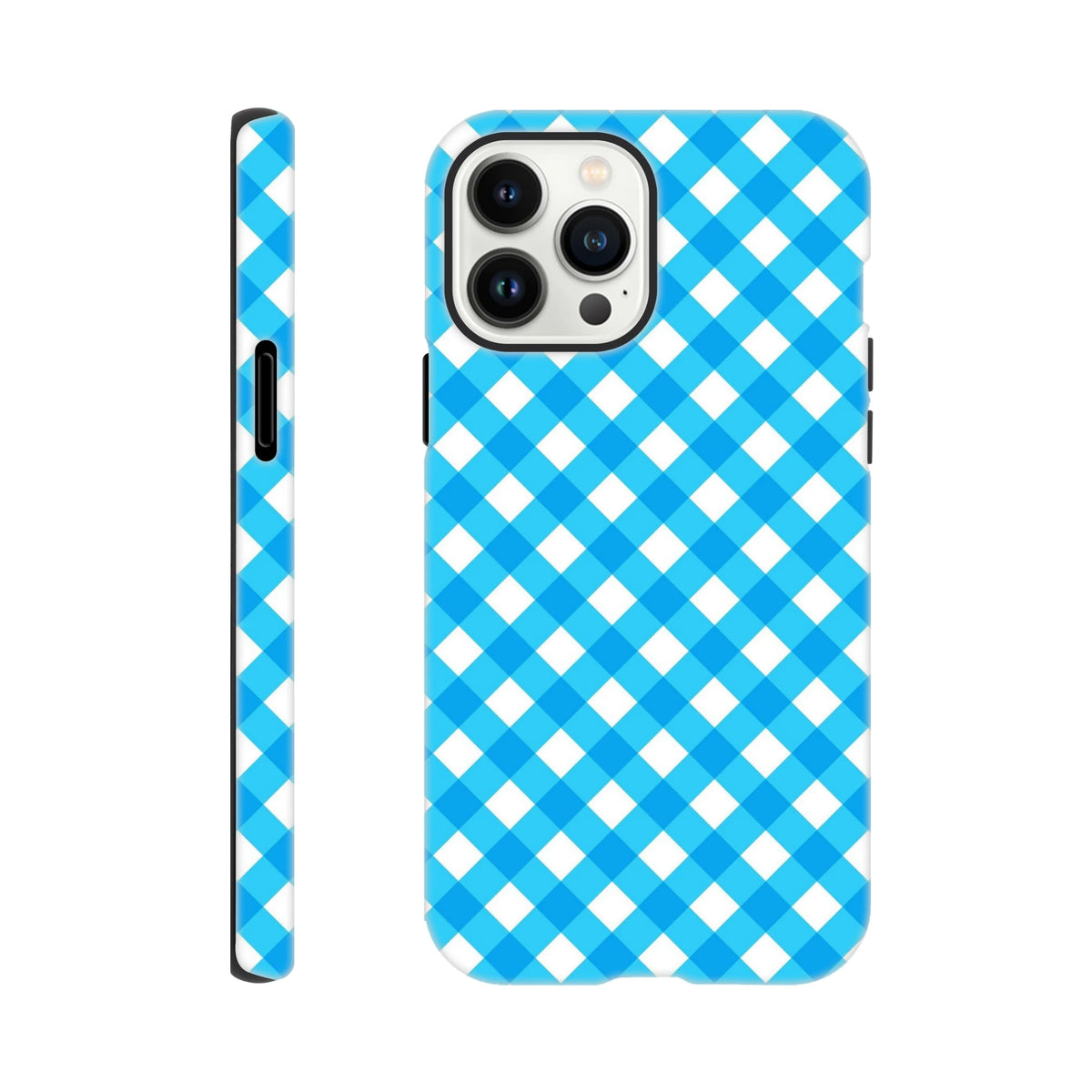 Retro blue gingham checkered tough iPhone case providing shock absorption and wireless charging compatibility for daily urban use.