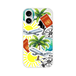 Travel sticker iPhone case featuring palm trees, airplanes, passports, and compass designs for urban exploration.