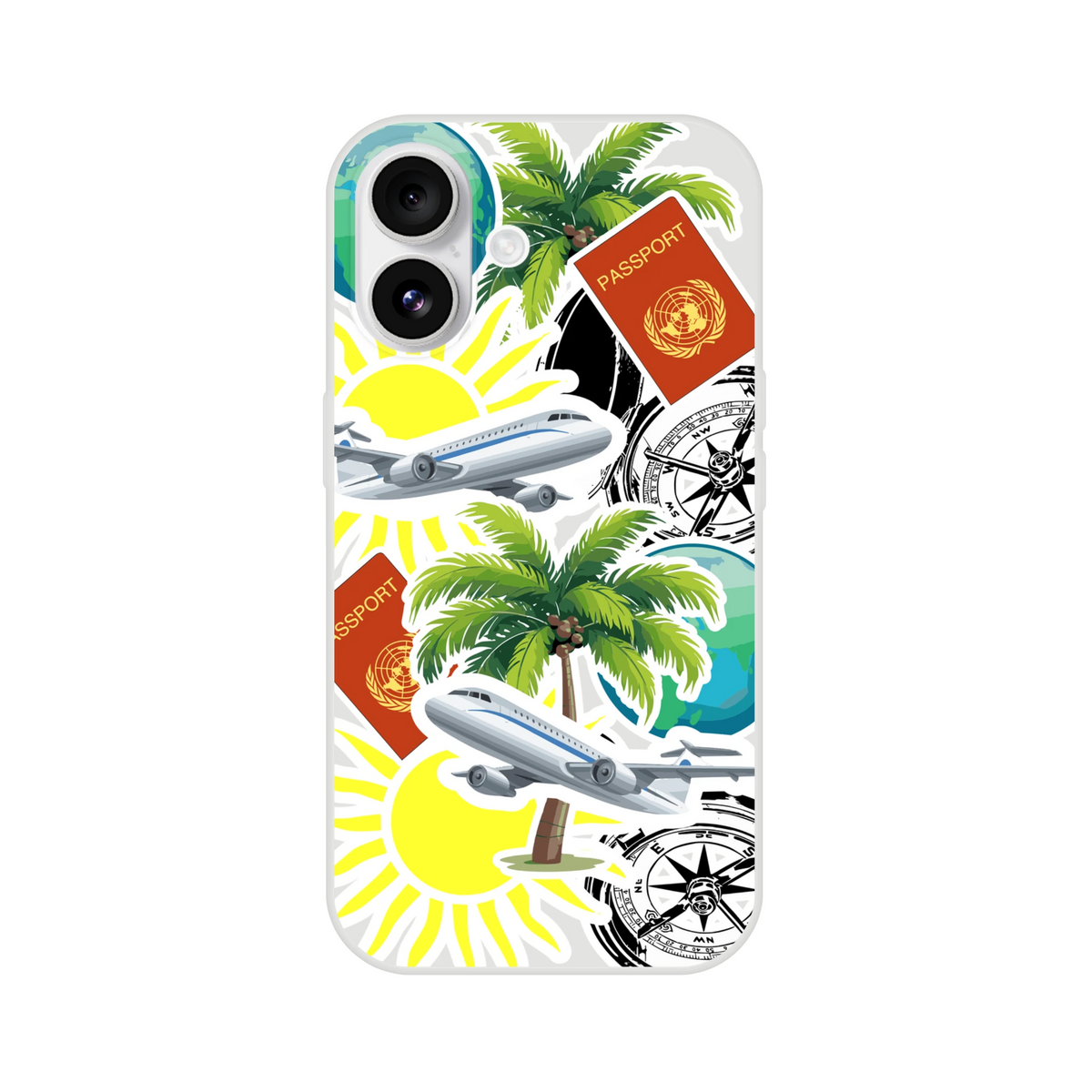 Travel sticker iPhone case featuring palm trees, airplanes, passports, and compass designs for urban exploration.