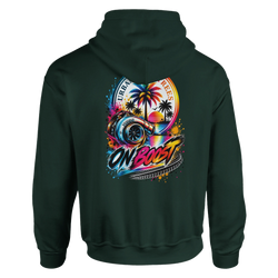 Dark green hoodie back featuring colorful On Boost turbocharger graphic with palm trees and retro sunset art.