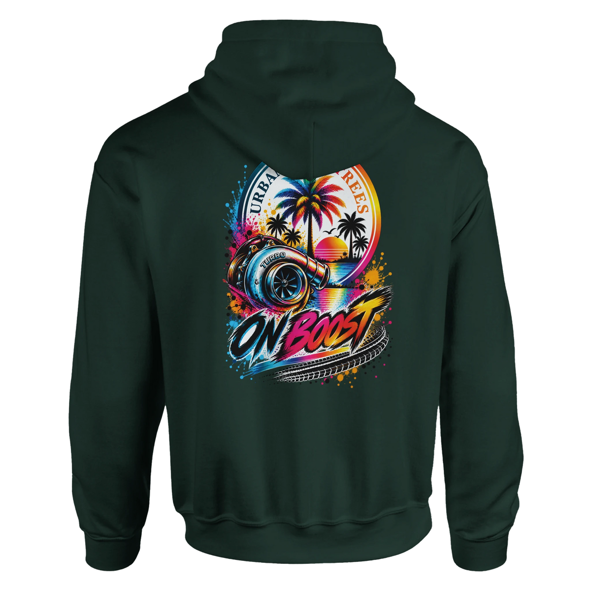Dark green hoodie back featuring colorful On Boost turbocharger graphic with palm trees and retro sunset art.