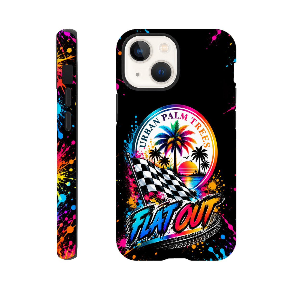 Vibrant Flat Out iPhone case featuring Urban Palm Trees sunset, checkered flag, and neon paint splatters on black.