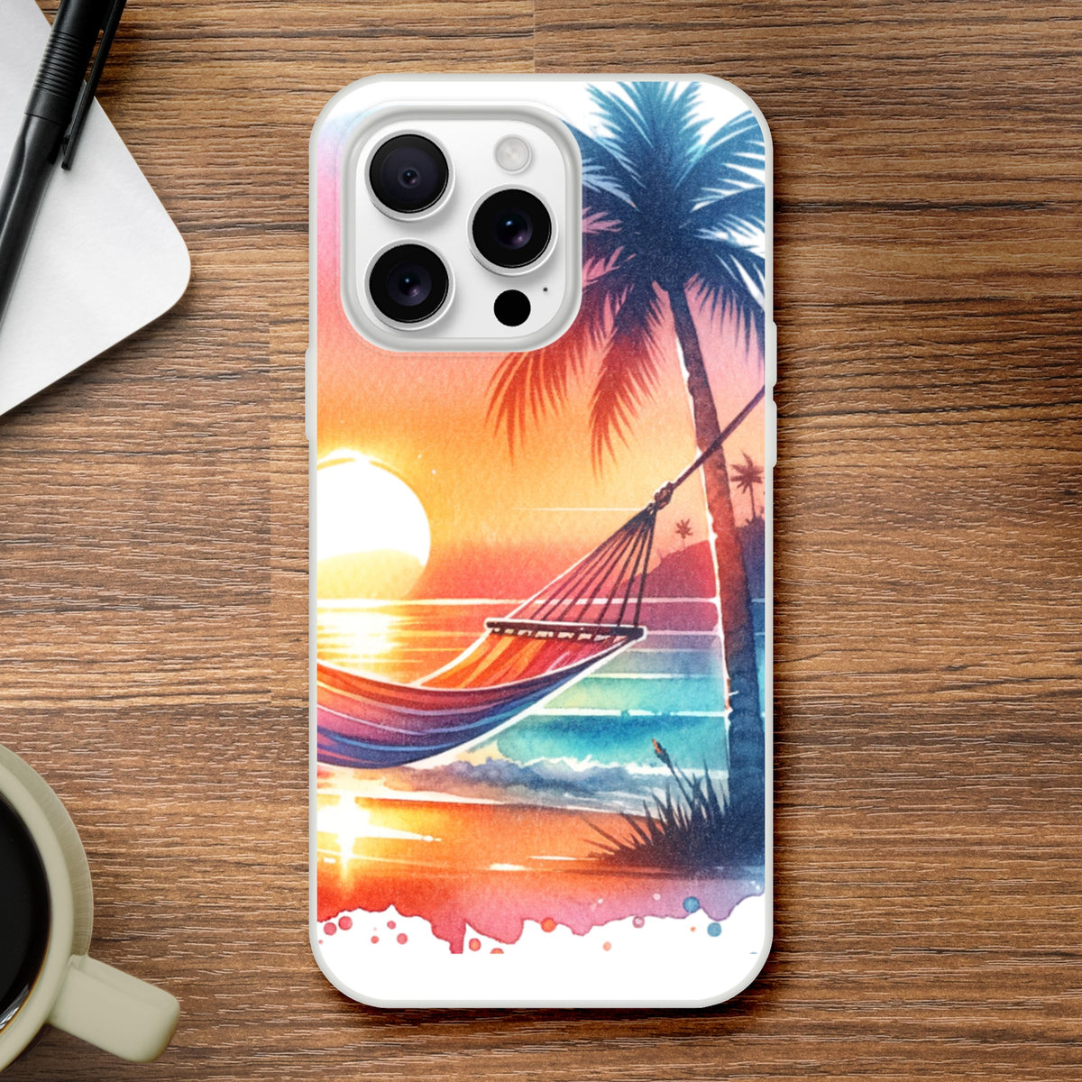 Tropical Beach Sunset iPhone case with palm trees and hammock, slim protective cover for iPhone 16/15/14/13