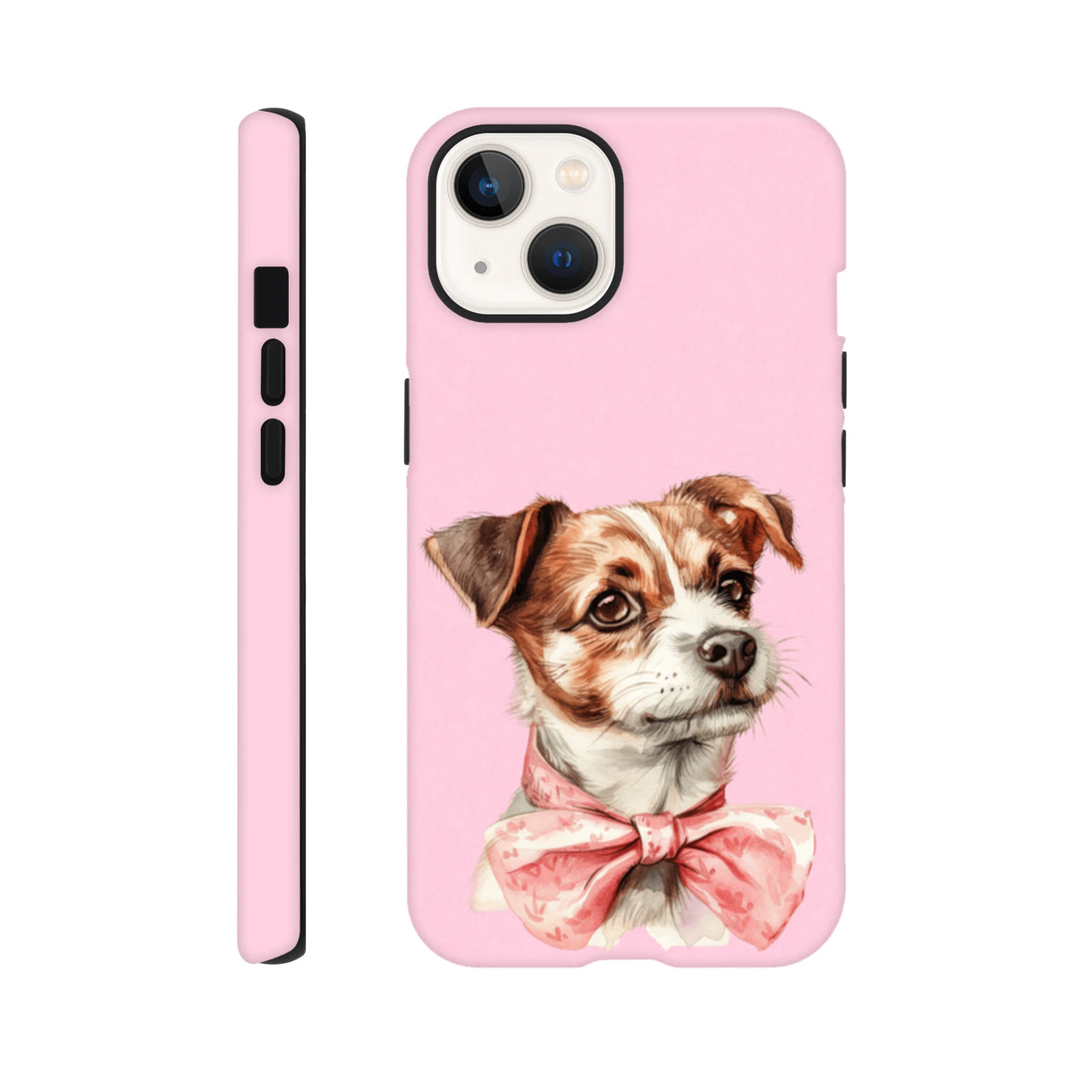Pink iPhone case featuring an illustrated puppy with a floral bow tie. Shock-absorbent protective cover for stylish mobile device security.
