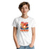 White cotton-blend T-shirt with Aloha Hawaii sunset palm graphic and Paradise Island text.