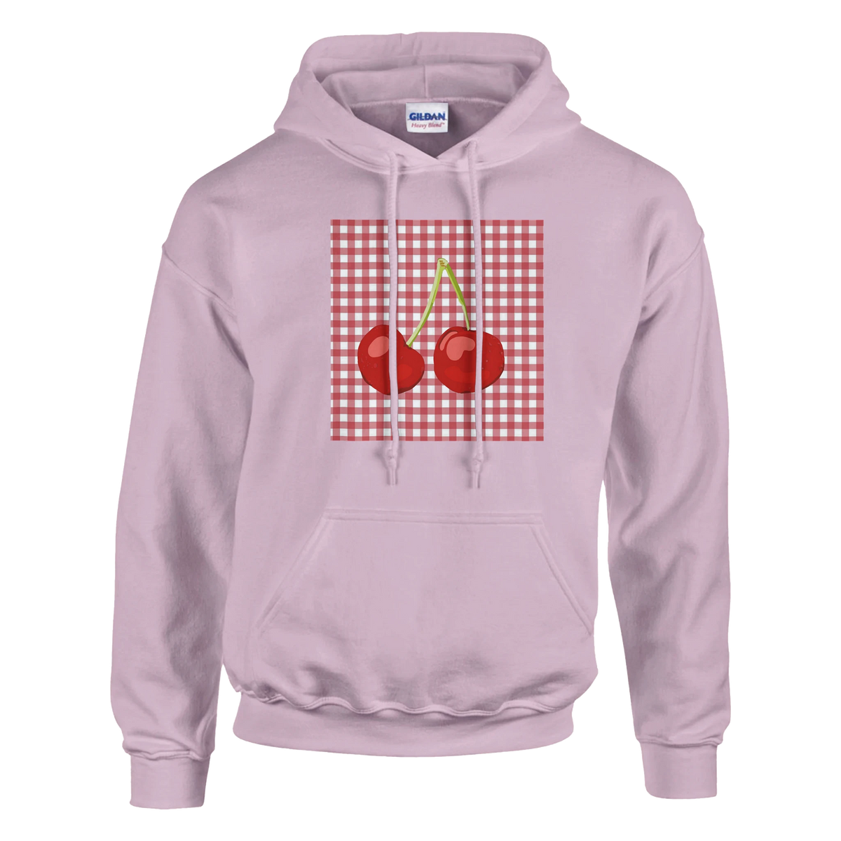 Dusty pink retro cherry gingham hoodie for women featuring a vintage fruit graphic pullover design with front kangaroo pocket.