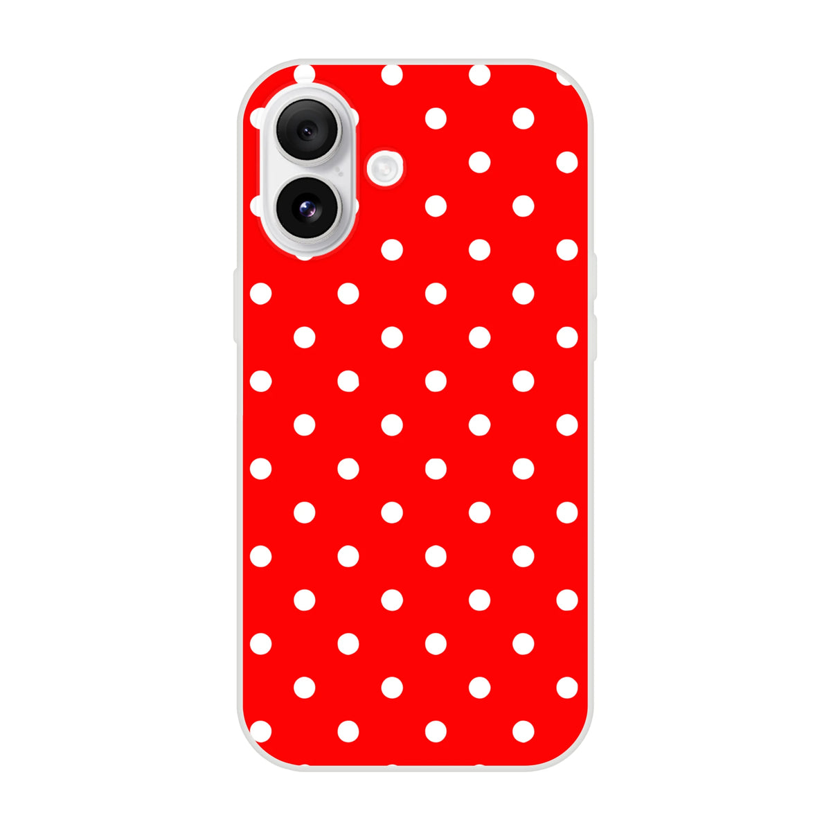 Retro red and white polka dot iPhone case featuring a slim TPU shell with shock-absorbing protection for models 13 through 16.