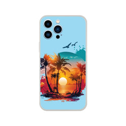 Cute Sunset iPhone Case (13-16) with palm trees and sunset scene in bold Y2K aesthetic.