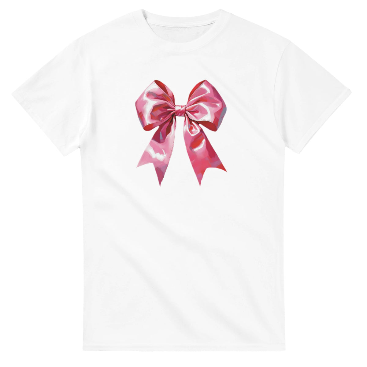 White cotton-blend crew-neck T-shirt with a pink glossy bow graphic on the front.