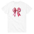 White cotton-blend crew-neck T-shirt with a pink glossy bow graphic on the front.