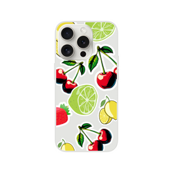 Transparent iPhone case featuring sticker-style cherry, lime, lemon, and strawberry fruit graphics for models 13-16.
