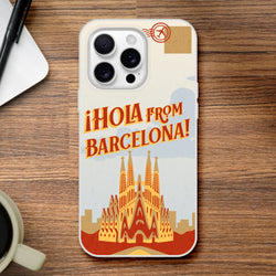 Vintage postcard iPhone case with Barcelona skyline and 'Hola from Barcelona' text, retro travel vibe.