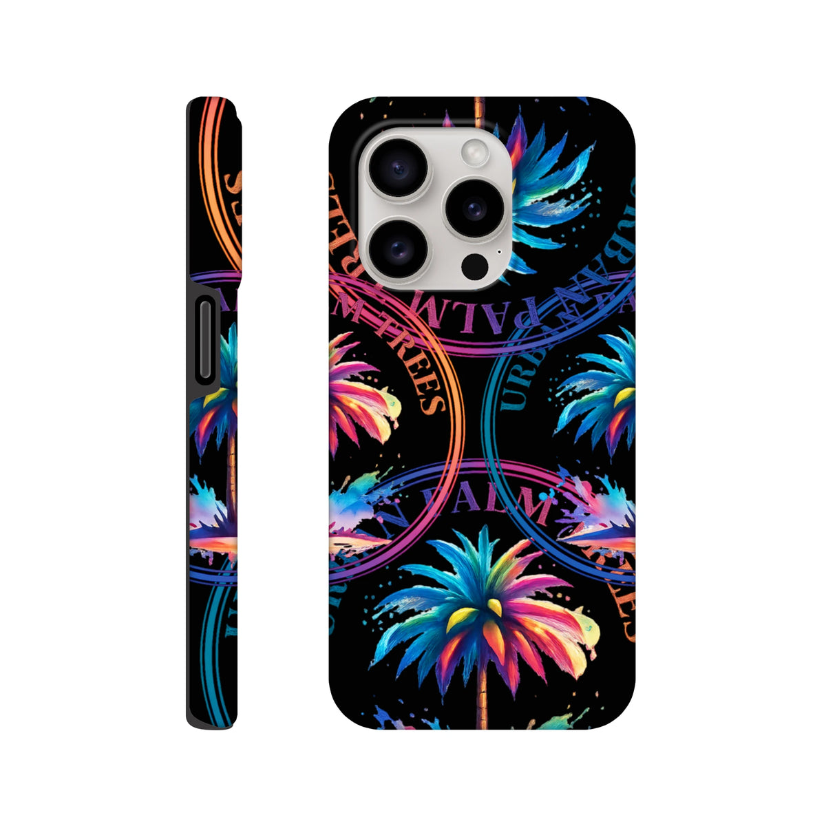 Vibrant tropical palm tree iPhone case with neon streetwear graphics on black. Durable tropical phone cover for city life.