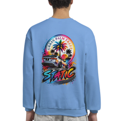Light blue crewneck sweatshirt featuring a colorful back graphic of a lowered modified car, tropical palm trees, and retro "Static" typography.