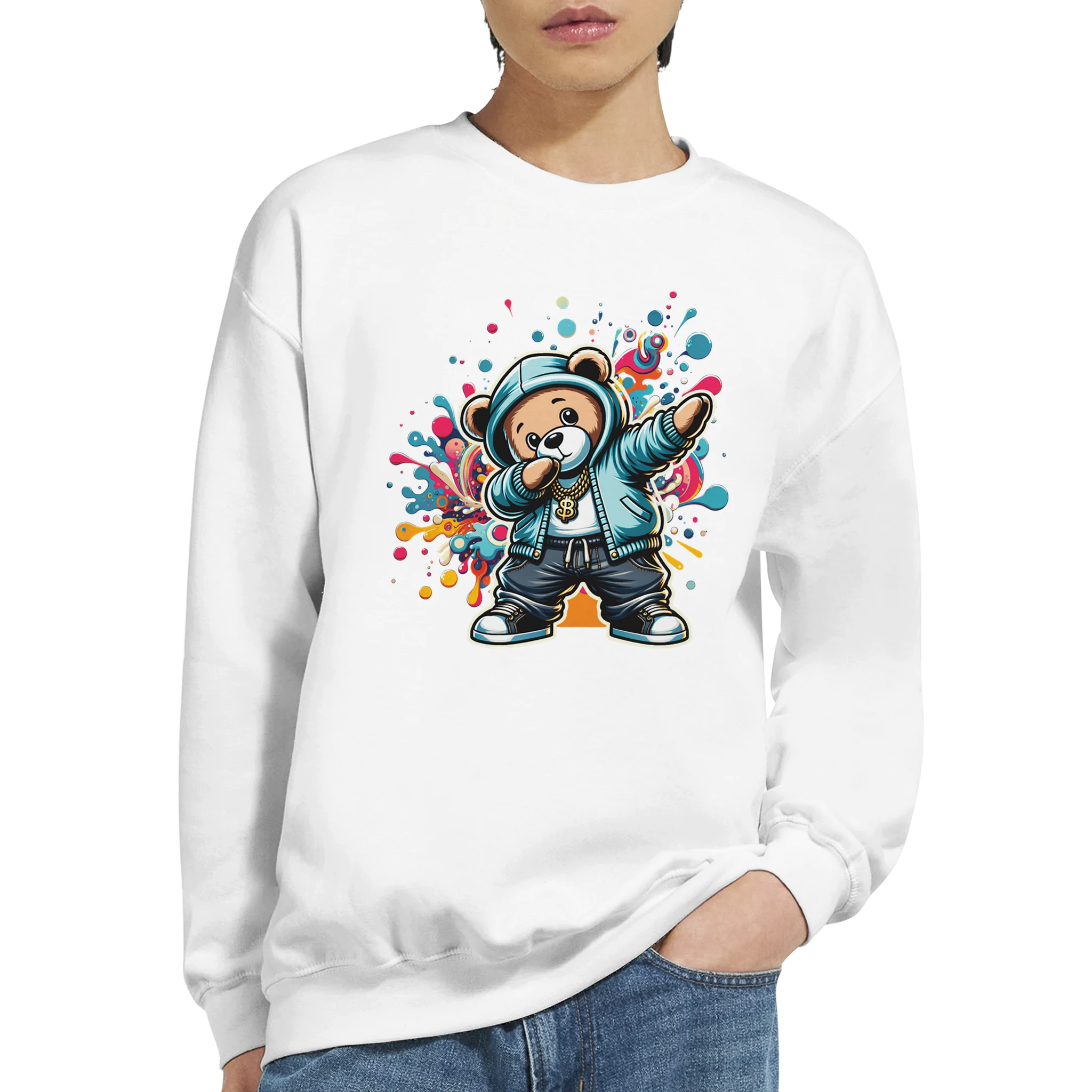 Dab Teddy Bear Men's Graphic Sweatshirt in white with colorful splash art and a hoodie-wearing bear.