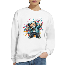 Dab Teddy Bear Men's Graphic Sweatshirt in white with colorful splash art and a hoodie-wearing bear.
