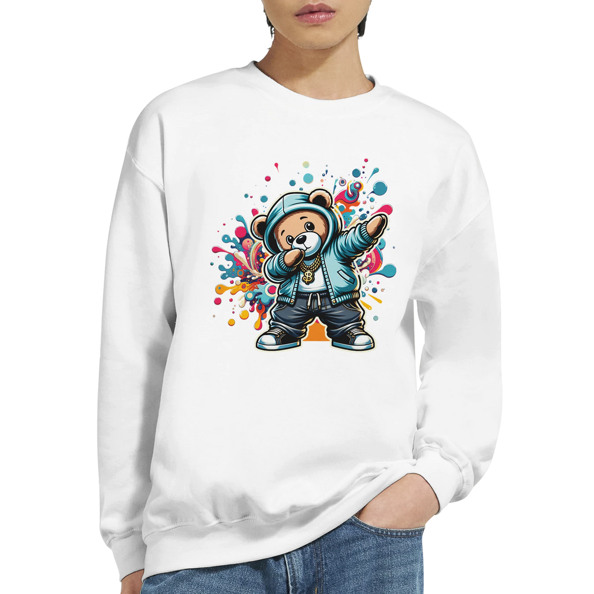 Dab Teddy Bear Men's Graphic Sweatshirt in white with colorful splash art and a hoodie-wearing bear.