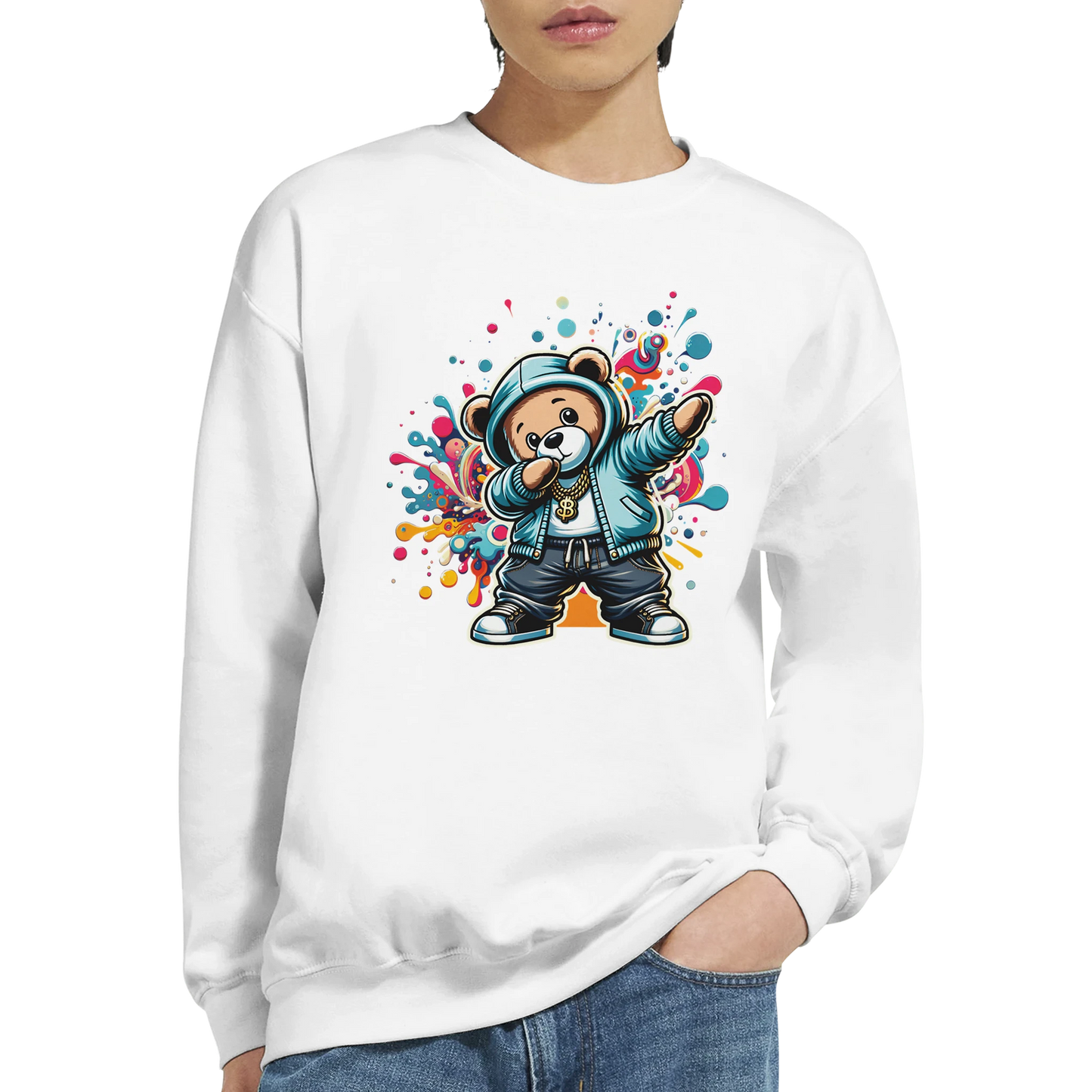 White men's graphic sweatshirt with a colorful graphic of a bear wearing a hat and jacket on a white background.