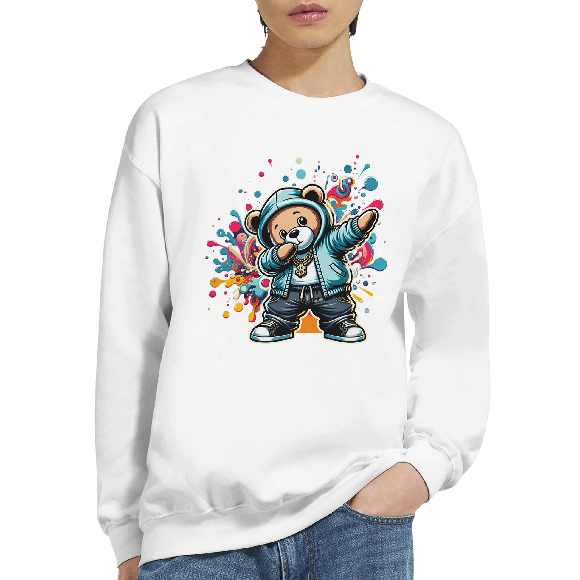 White men's graphic sweatshirt with a colorful graphic of a bear wearing a hat and jacket on a white background.
