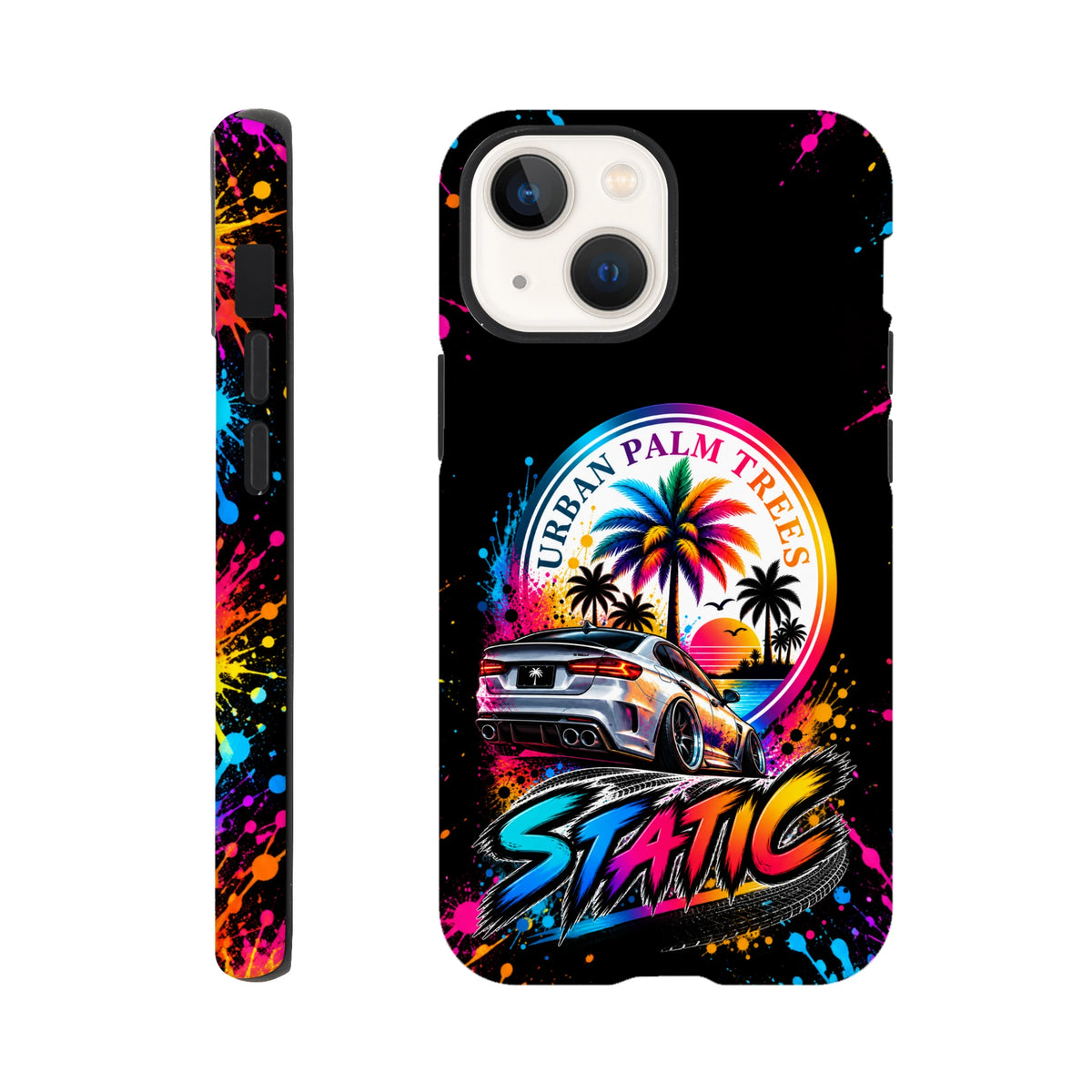 Vibrant iPhone case featuring a lowered silver car, colorful Urban Palm Trees graphic, andSTATIC text against a black splatter background.
