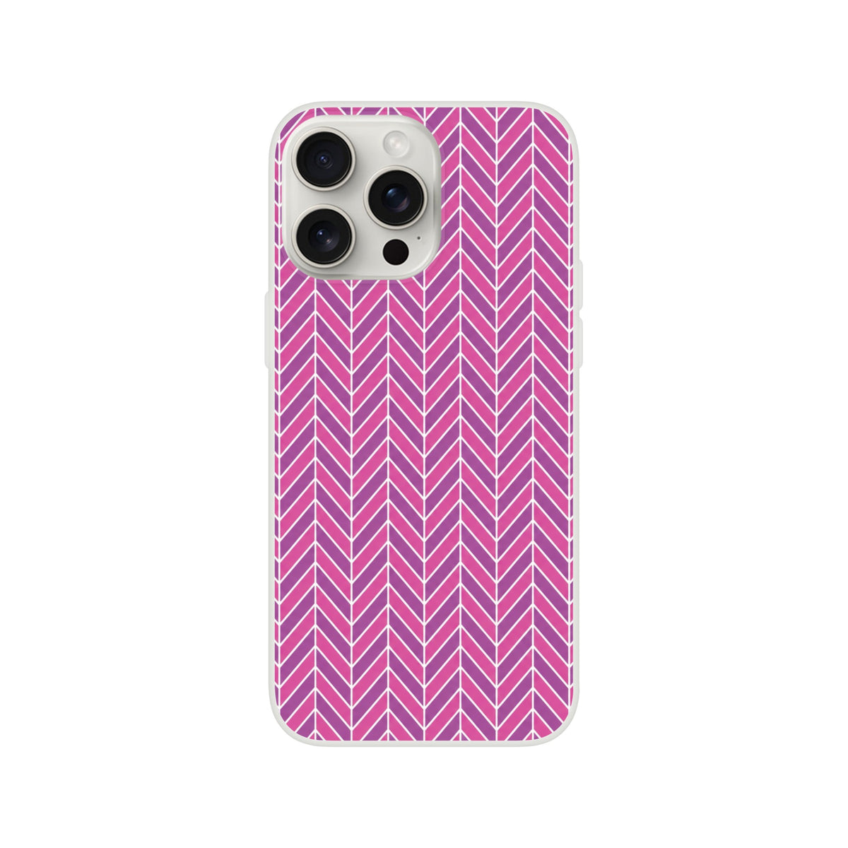Pink herringbone geometric iPhone case with frosty transparent TPU design for slim, shock-absorbing protection on iPhone 13-16 models.
