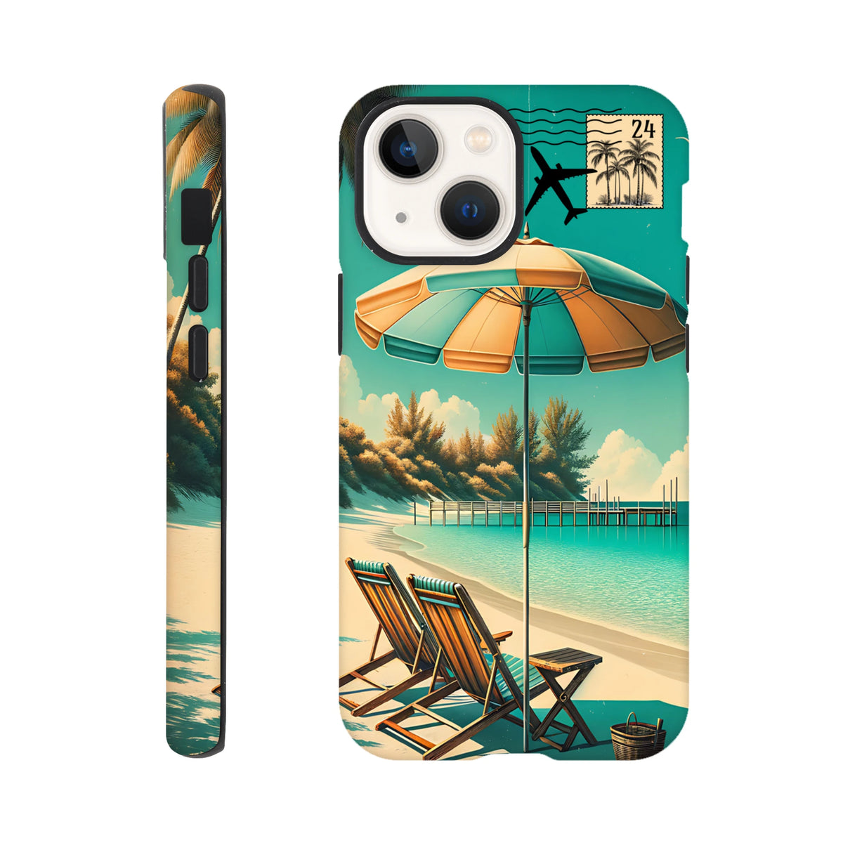 Vintage retro beach holiday iPhone case featuring deck chairs, umbrella, pier, and poststamp design for coastal protection.