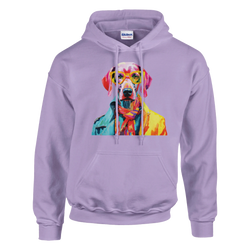 Lavender hoodie featuring a vibrant pop-art dog wearing sunglasses and a jacket.