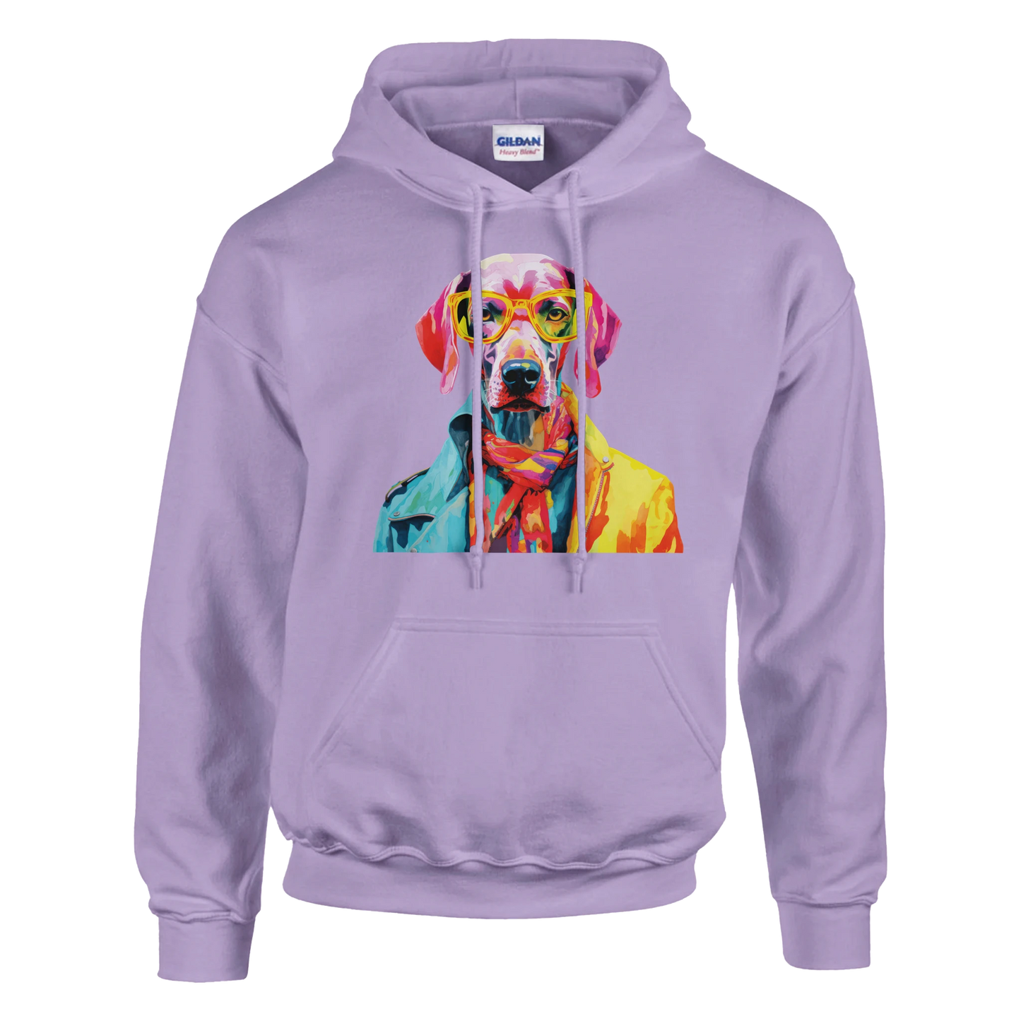 Lavender hoodie featuring a vibrant pop-art dog wearing sunglasses and a jacket.