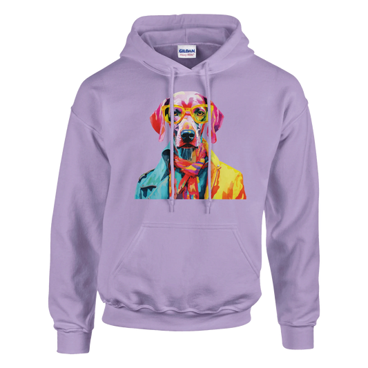 Lavender hoodie featuring a vibrant pop-art dog wearing sunglasses and a jacket.