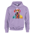 Lavender hoodie featuring a vibrant pop-art dog wearing sunglasses and a jacket.