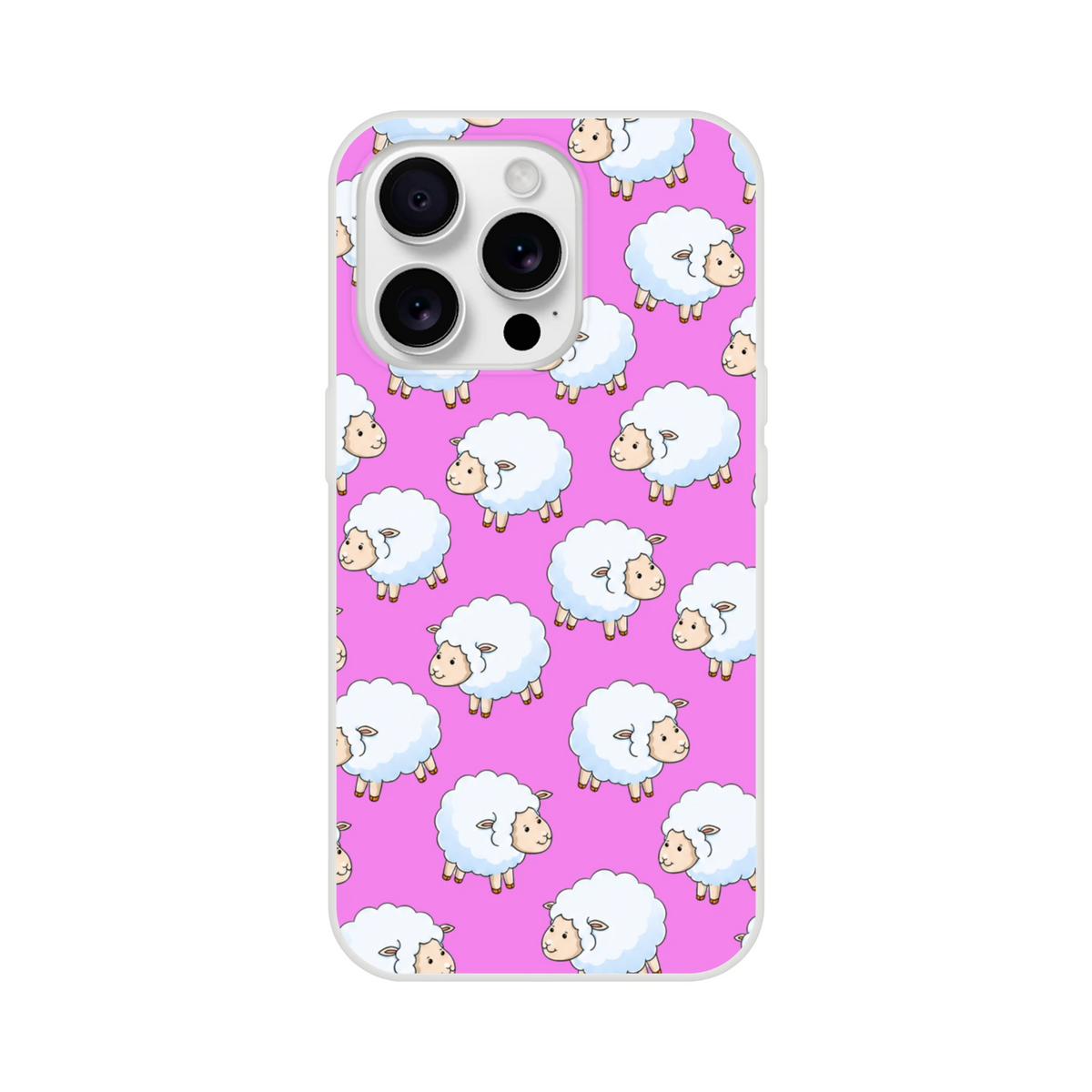 Pink iPhone case with a kawaii sheep pattern, repeated white fluffy sheep on a bright background.