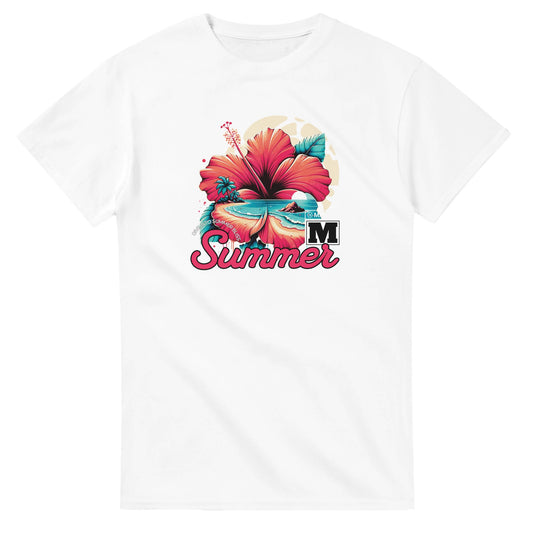 White cotton blend tee with tropical beach graphic: pink hibiscus, palm trees, turquoise sea, sun and 'Summer' text.