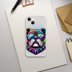 Transparent Bull Dog phone case with neon bulldog wearing sunglasses for iPhone 13-16; slim, flexible protective cover.
