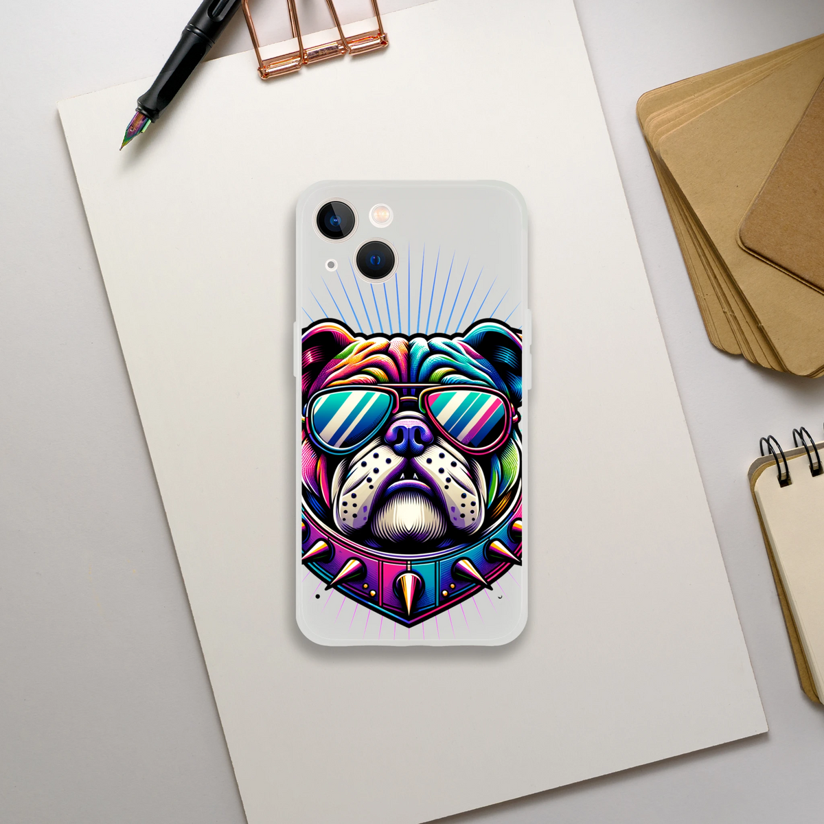 Transparent Bull Dog phone case with neon bulldog wearing sunglasses for iPhone 13-16; slim, flexible protective cover.