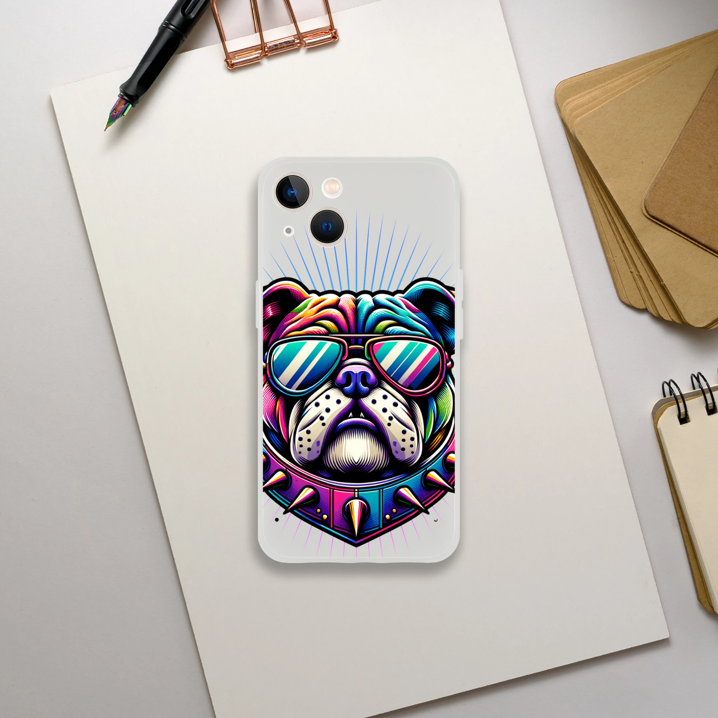 Transparent Bull Dog phone case with neon bulldog wearing sunglasses for iPhone 13-16; slim, flexible protective cover.