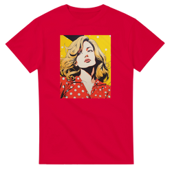 Red retro pop art t-shirt featuring a vintage blonde woman graphic in a polka dot shirt against a yellow background.