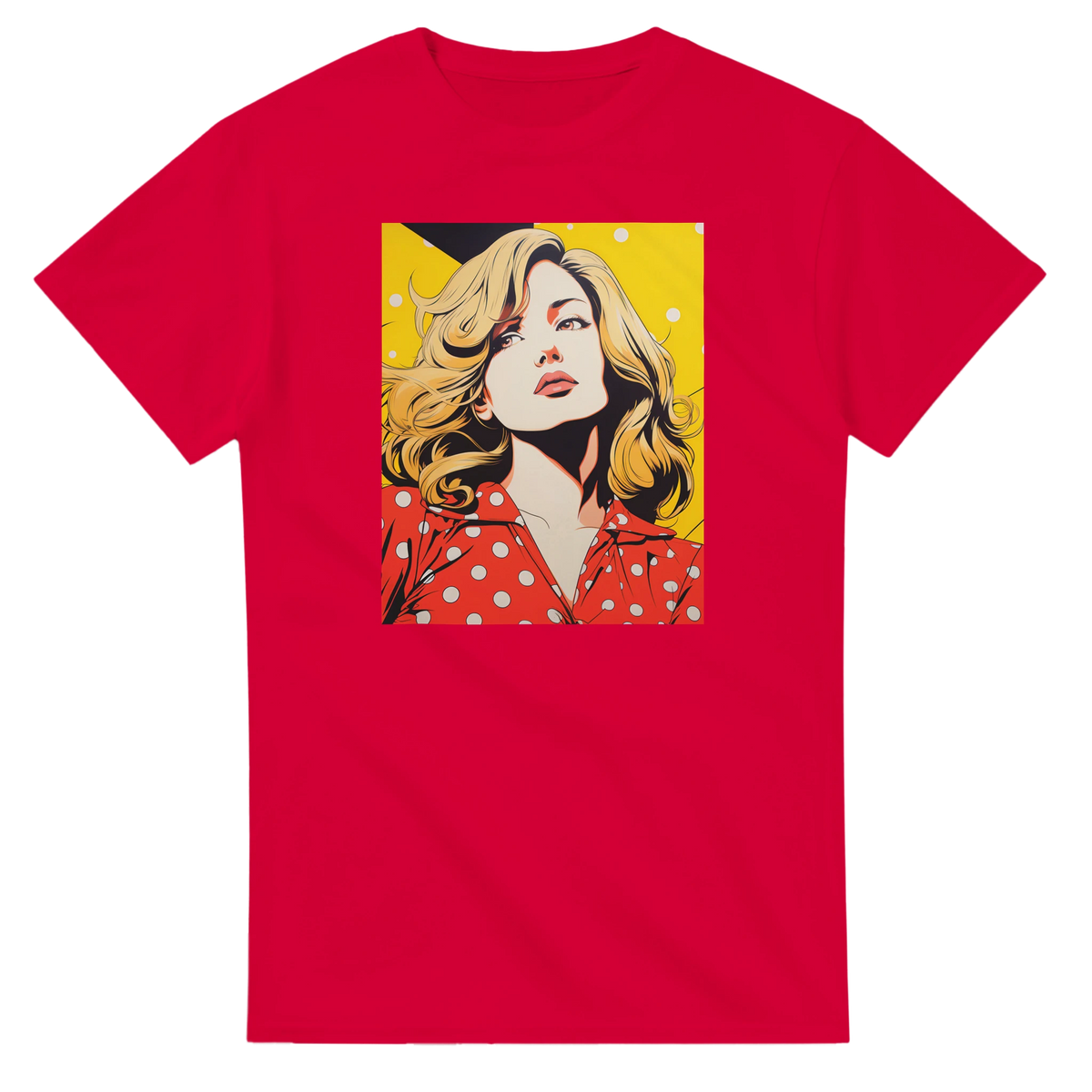 Red retro pop art t-shirt featuring a vintage blonde woman graphic in a polka dot shirt against a yellow background.