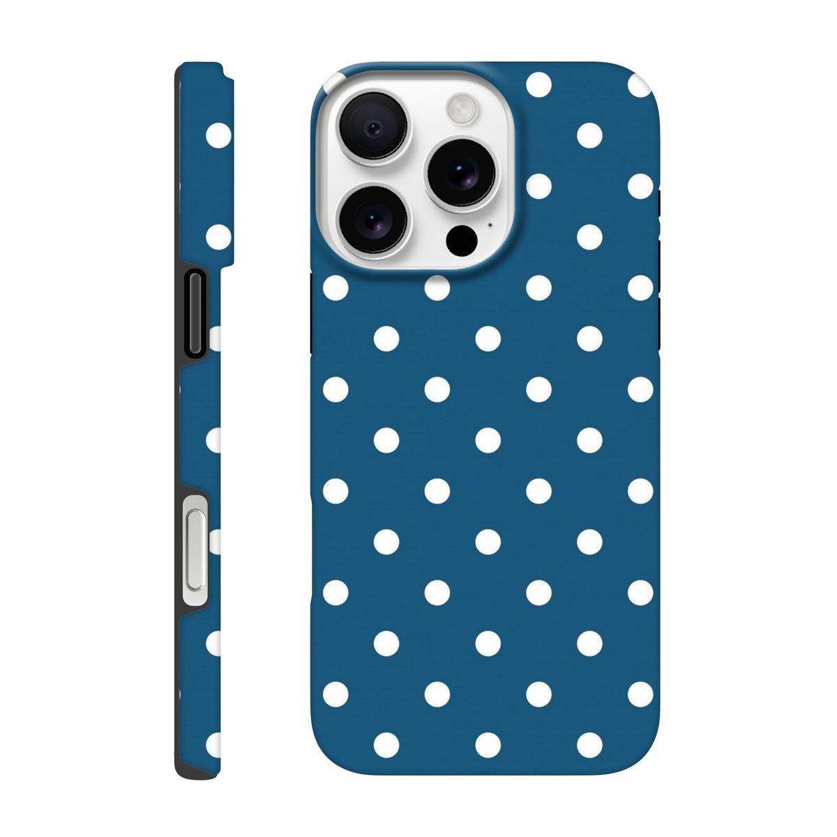 Navy blue and white polka dot tough iPhone case with shock-absorbing TPU and opaque gloss finish for models 13-16.