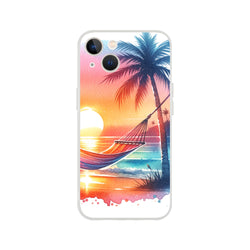 Tropical beach sunset iPhone case with hammock and palm trees, slim protective cover for iPhone 16/15/14/13.