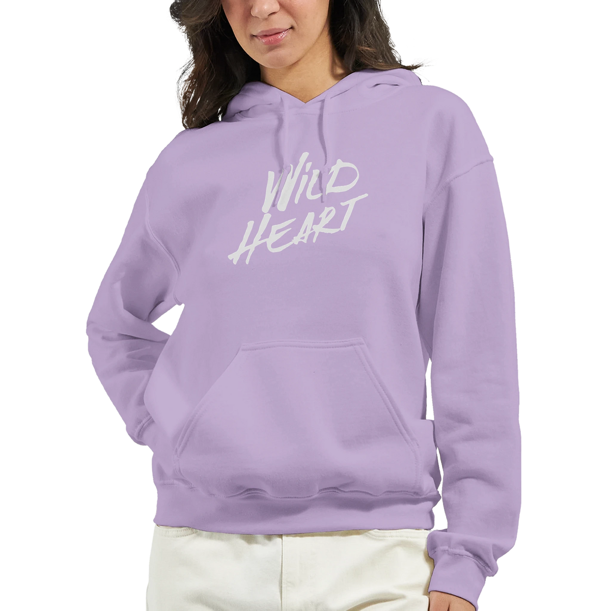 Cute Wild Heart hoodie in lavender with white slogan, casual women's streetwear with front pocket.